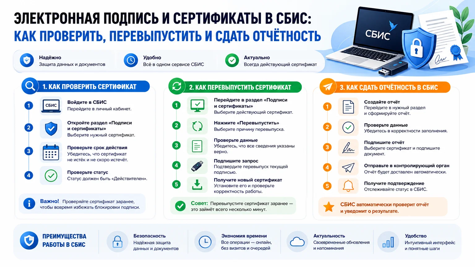 Электронная подпись и сертификаты в СБИС: как проверить, перевыпустить и сдать отчётность